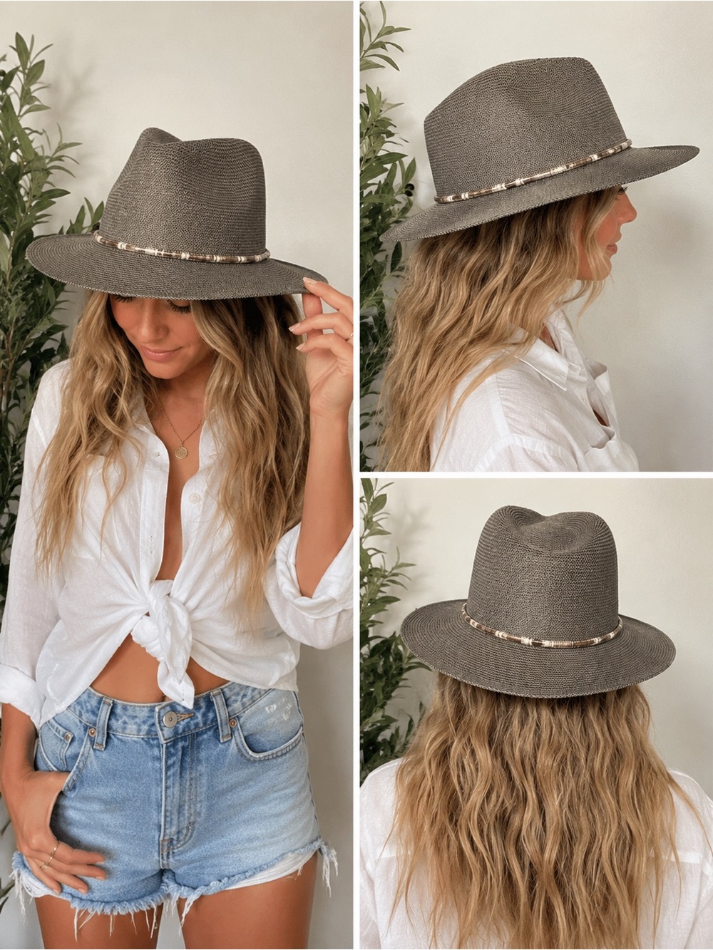 Marcus Adler Wide Brim Fedora Hat Taupe Gray Woven Paper Blend Boho